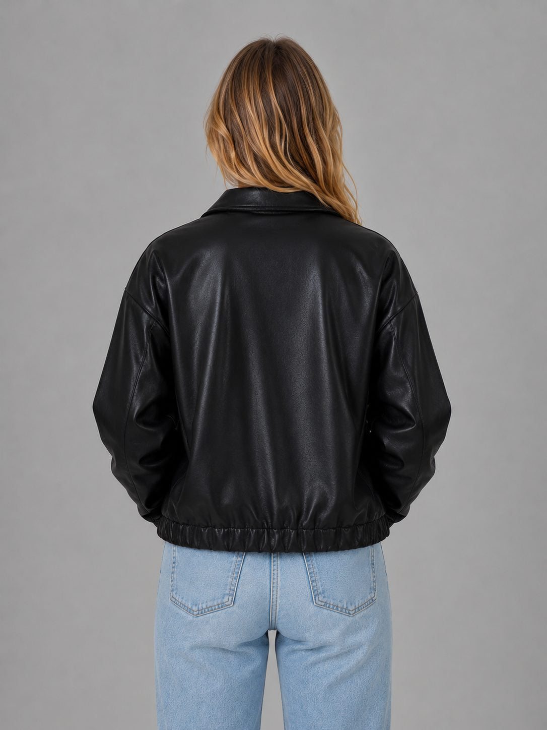 Cropped Leather-Look Jacket with Collar and Zip Front