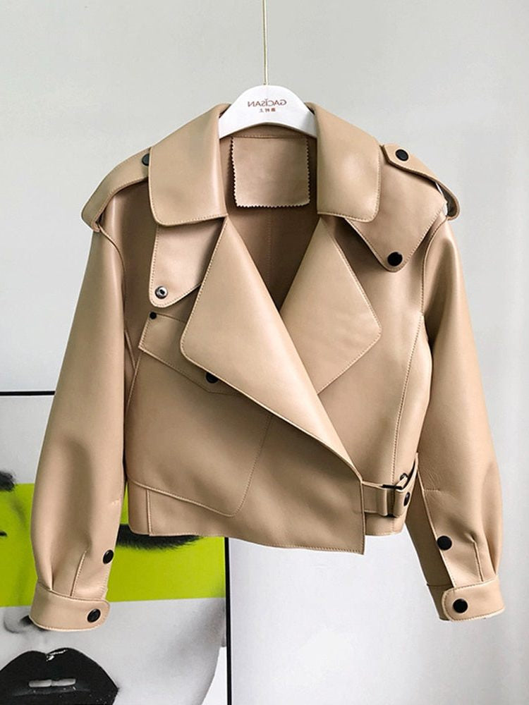 Cropped Leather-Look Trench Coat with Structured Collar - Light Brown