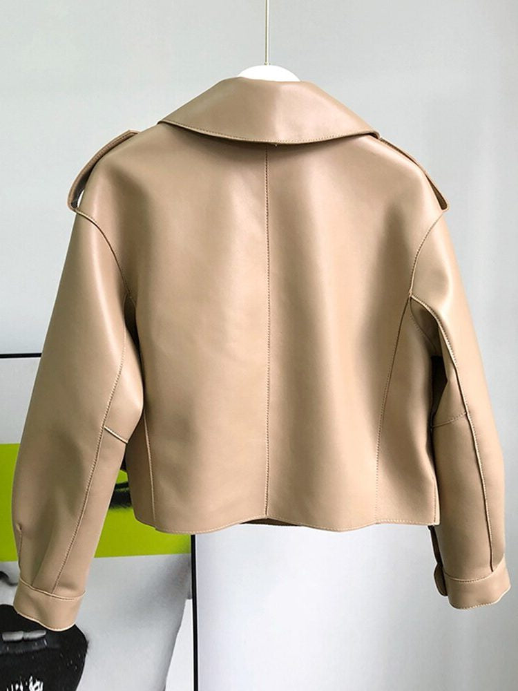 Cropped Leather-Look Trench Coat with Structured Collar
