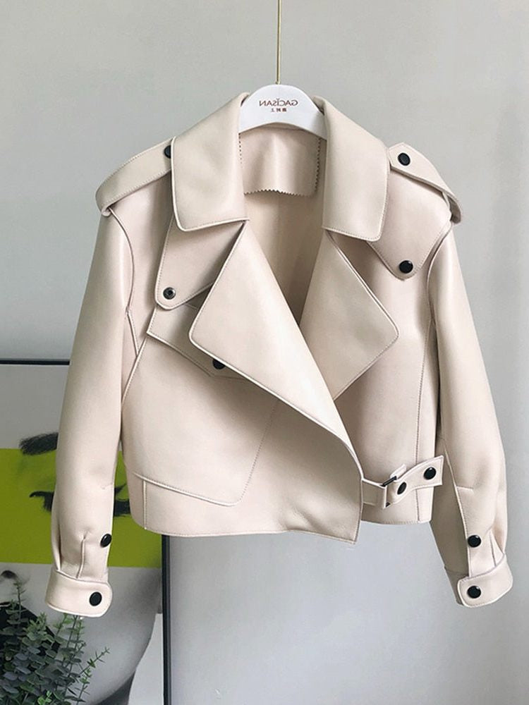 Cropped Leather-Look Trench Coat with Structured Collar - Beige