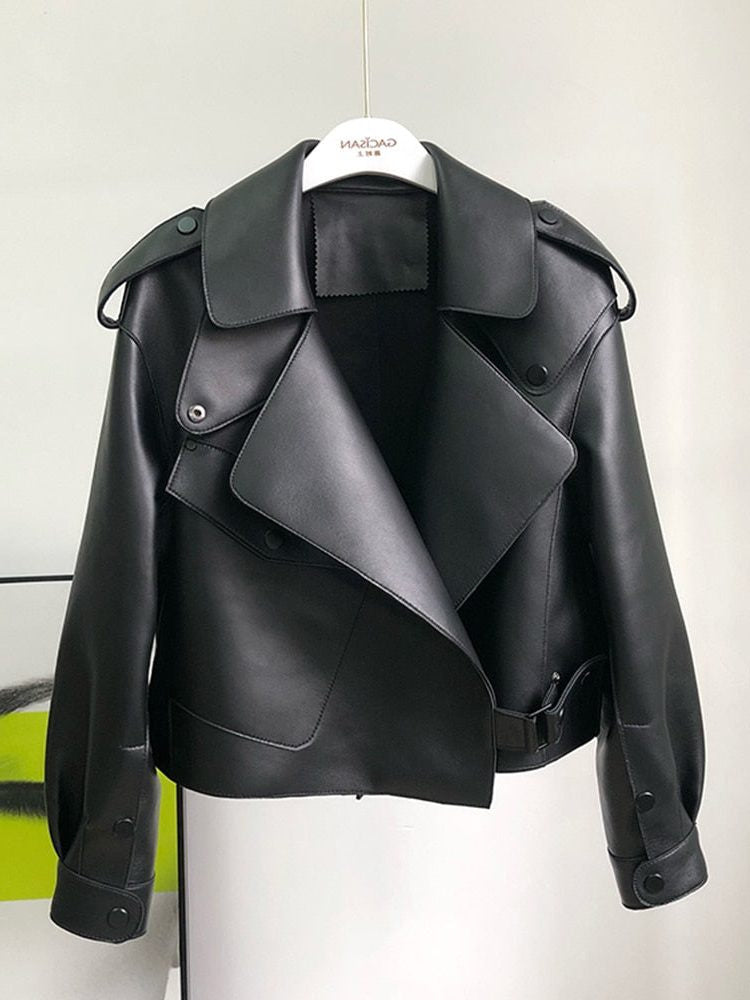 Cropped Leather-Look Trench Coat with Structured Collar - Black