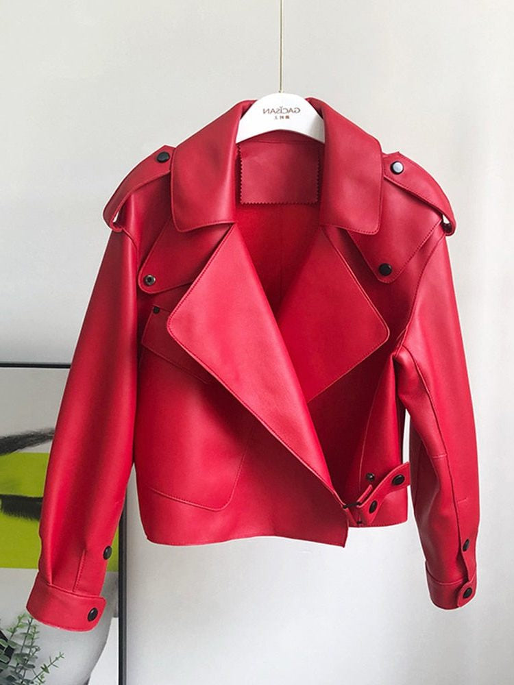 Cropped Leather-Look Trench Coat with Structured Collar - Red