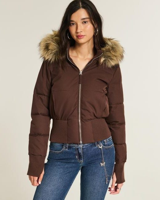 Cropped Puffer Jacket with Faux Fur Collar and Zip Front - Brown