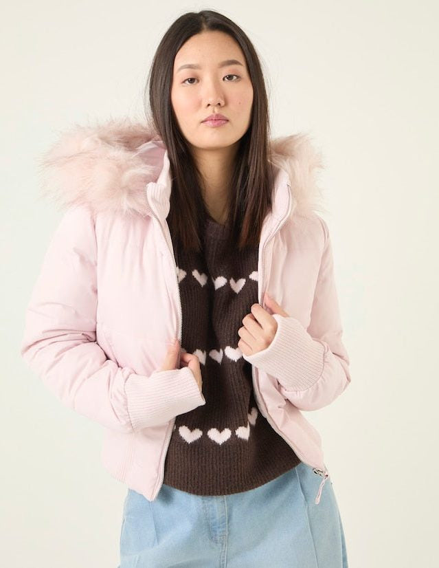 Cropped Puffer Jacket with Faux Fur Collar and Zip Front