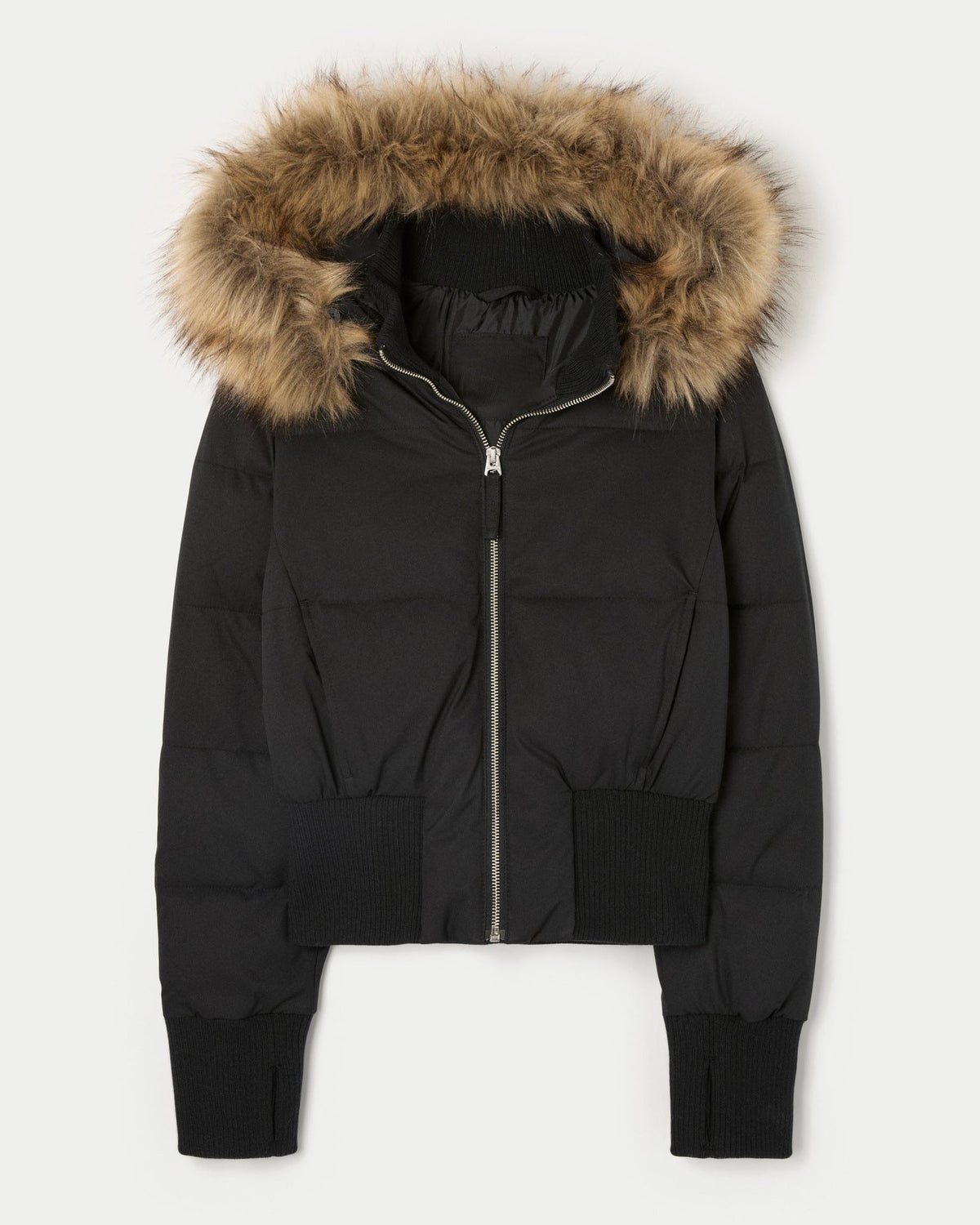 Cropped Puffer Jacket with Faux Fur Collar and Zip Front - Black