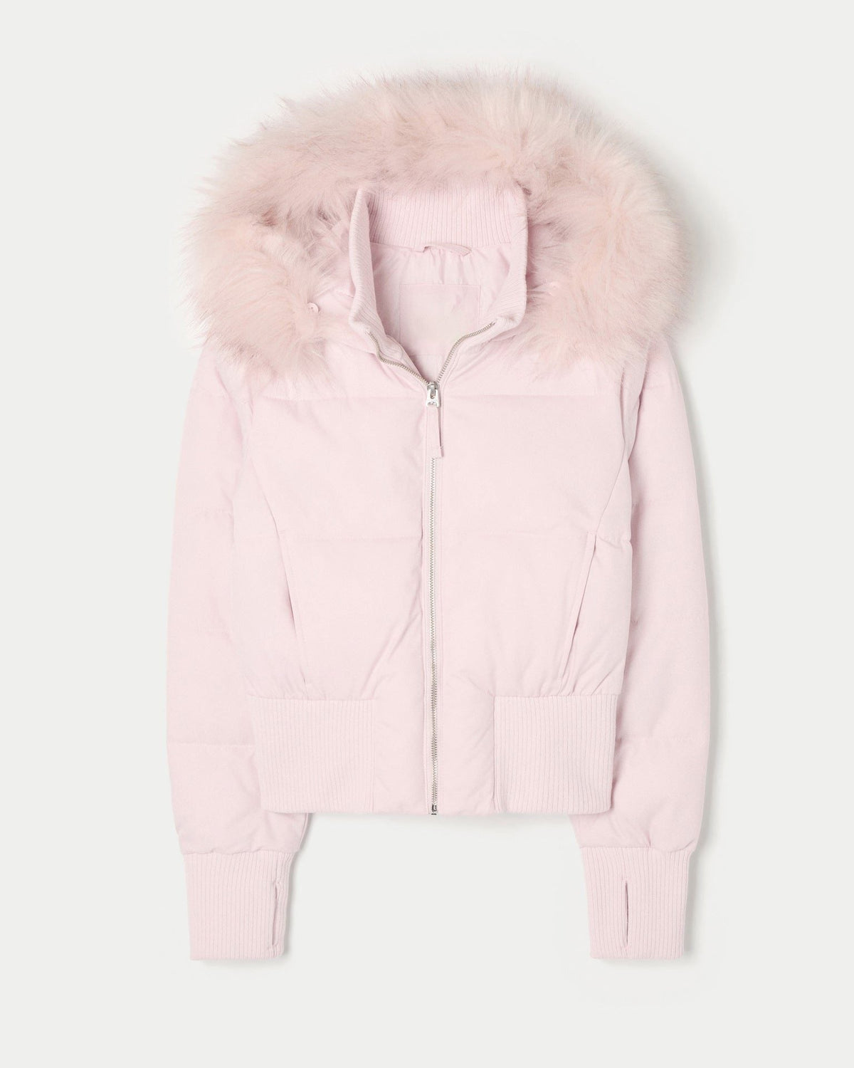 Cropped Puffer Jacket with Faux Fur Collar and Zip Front - Pink