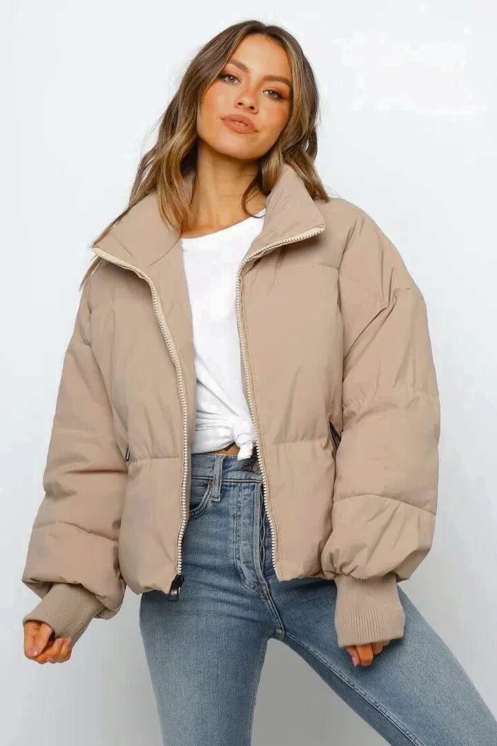 Cropped Quilted Puffer Jacket with Ribbed Cuffs and Hem - Khaki