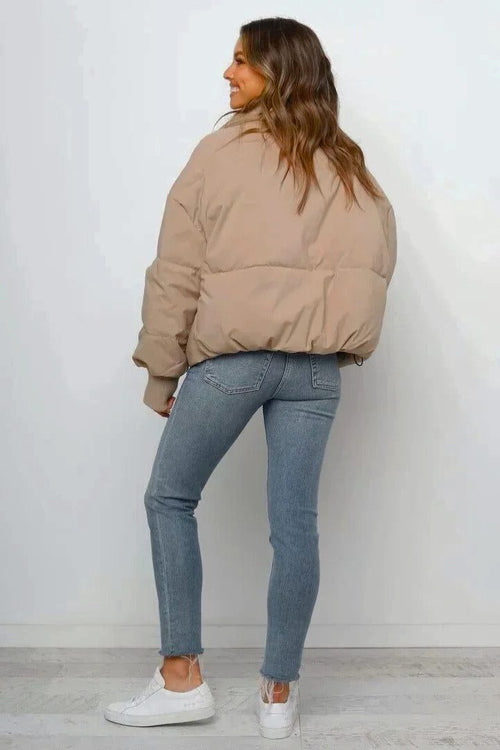 Cropped Quilted Puffer Jacket with Ribbed Cuffs and Hem