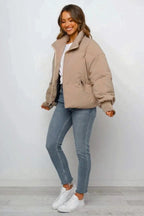 Cropped Quilted Puffer Jacket with Ribbed Cuffs and Hem