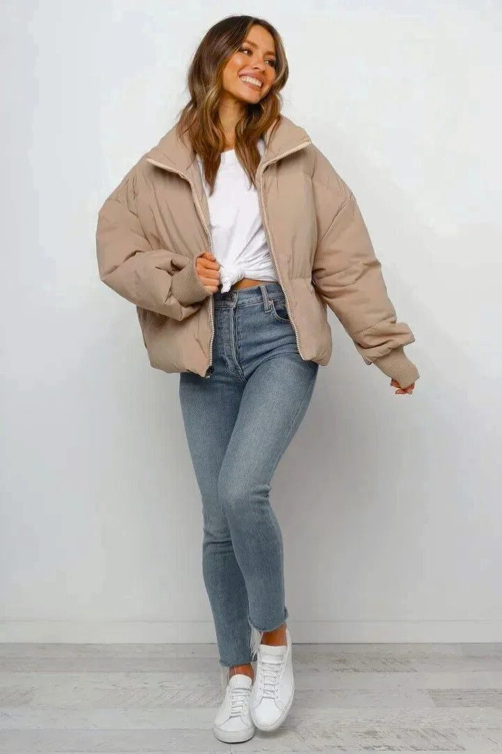 Cropped Quilted Puffer Jacket with Ribbed Cuffs and Hem