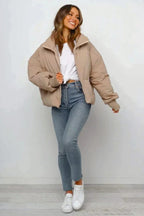 Cropped Quilted Puffer Jacket with Ribbed Cuffs and Hem