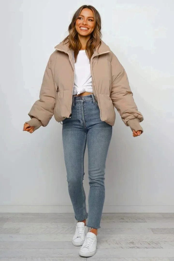 Cropped Quilted Puffer Jacket with Ribbed Cuffs and Hem