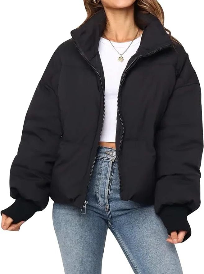 Cropped Quilted Puffer Jacket with Ribbed Cuffs and Hem - Black
