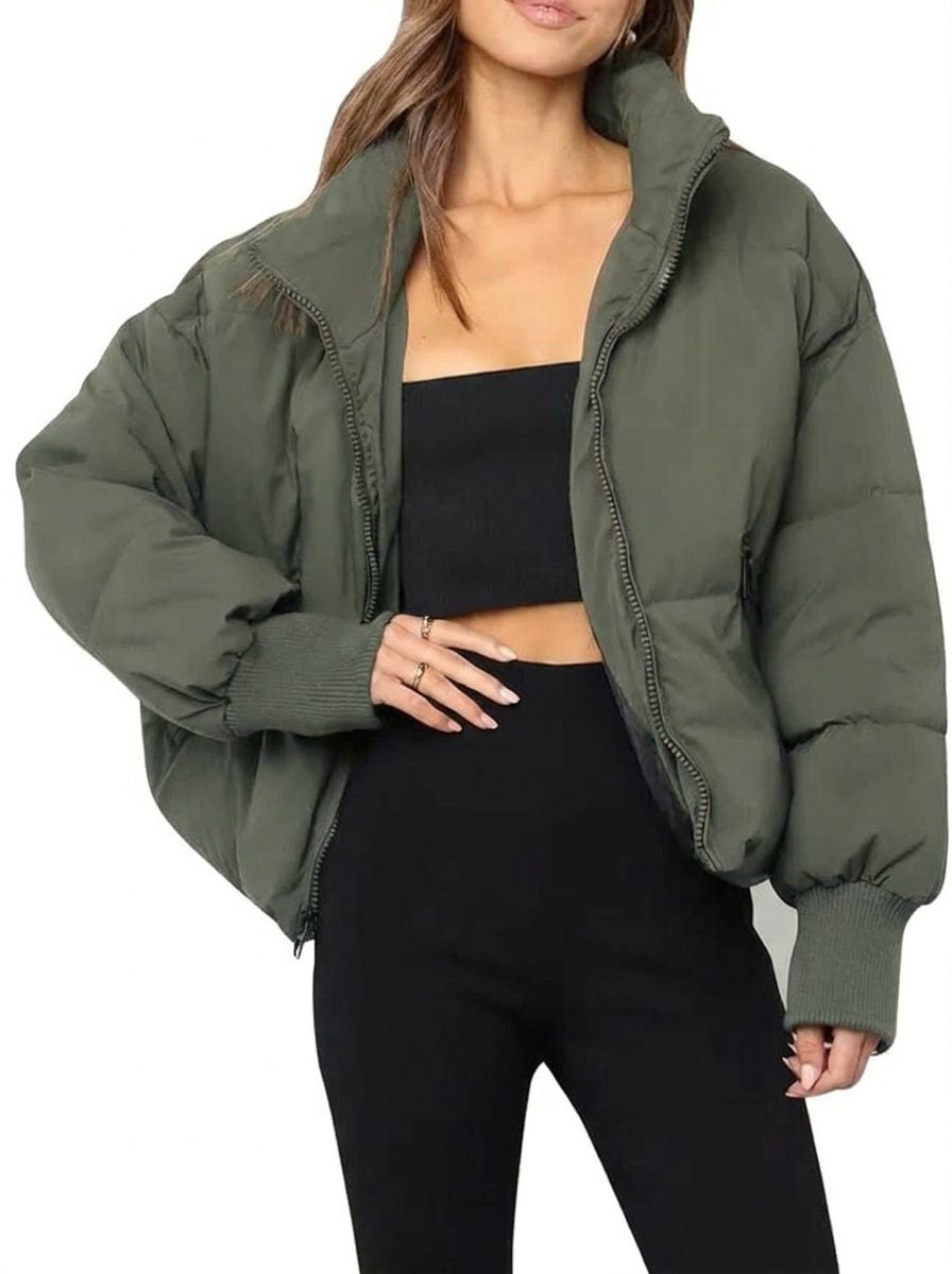 Cropped Quilted Puffer Jacket with Ribbed Cuffs and Hem - Green