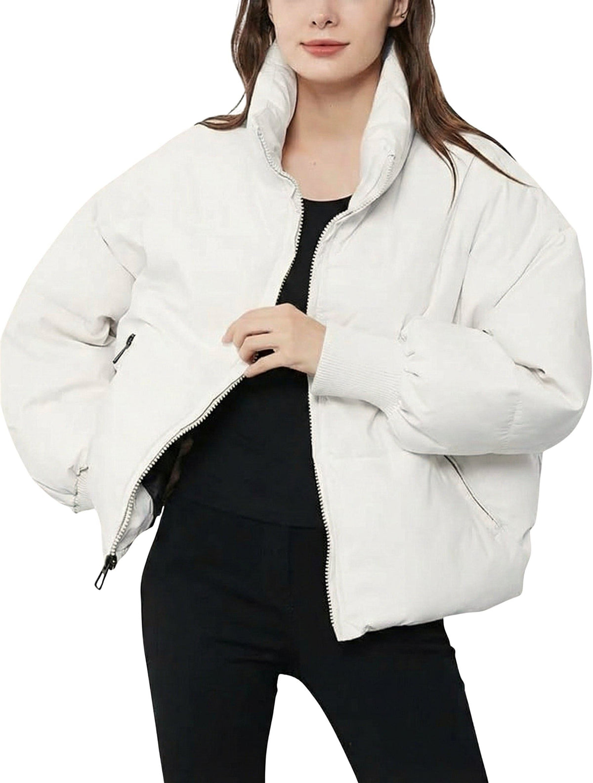 Cropped Quilted Puffer Jacket with Ribbed Cuffs and Hem - White