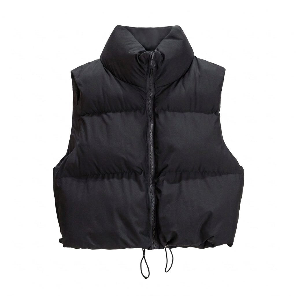 Cropped Quilted Puffer Vest with Stand Collar and Zip - Black