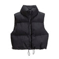 Cropped Quilted Puffer Vest with Stand Collar and Zip - Black