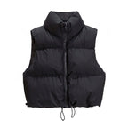 Cropped Quilted Puffer Vest with Stand Collar and Zip - Black