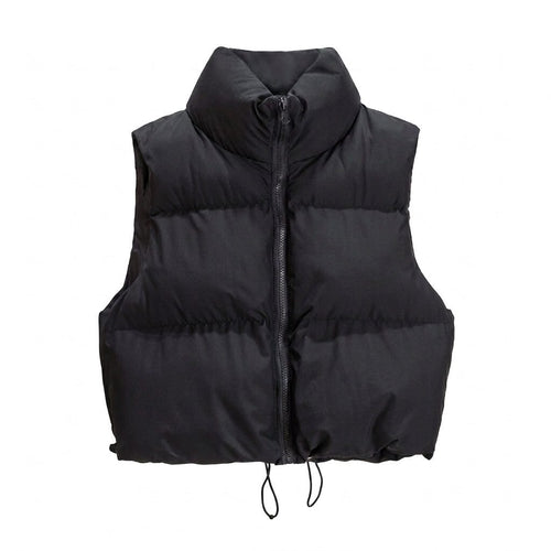 Cropped Quilted Puffer Vest with Stand Collar and Zip - Black