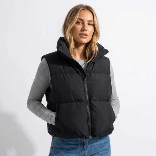 Cropped Quilted Puffer Vest with Stand Collar and Zip