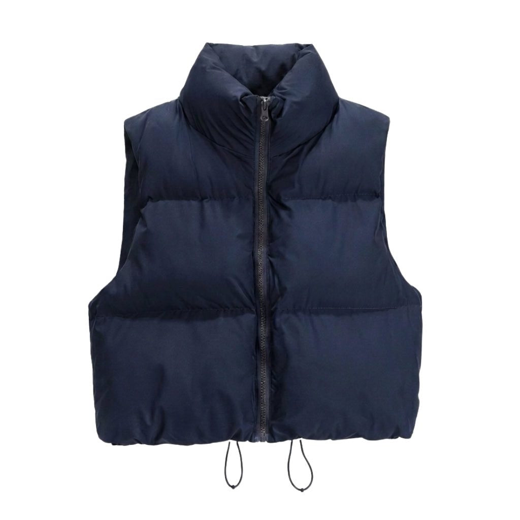 Cropped Quilted Puffer Vest with Stand Collar and Zip - Navy Blue