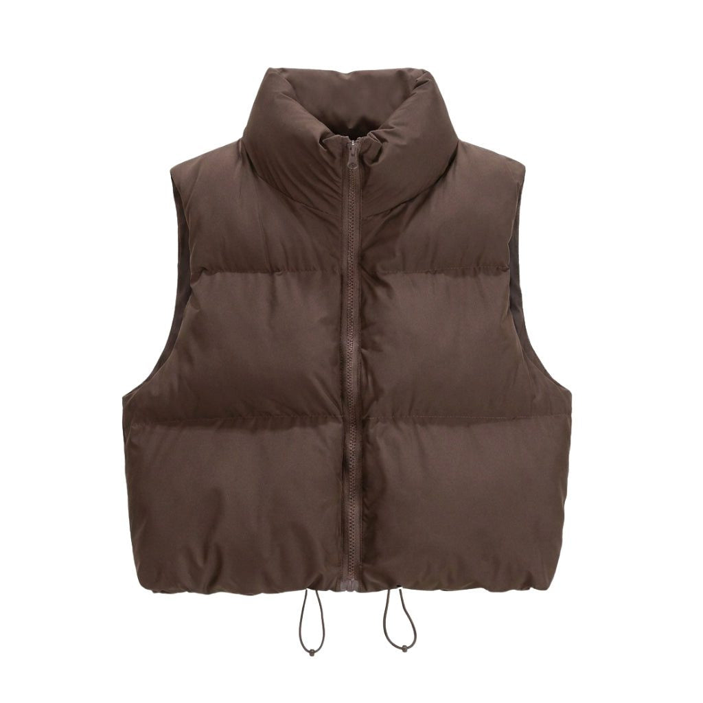 Cropped Quilted Puffer Vest with Stand Collar and Zip - Brown