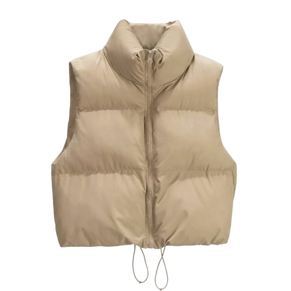 Cropped Quilted Puffer Vest with Stand Collar and Zip - Khaki