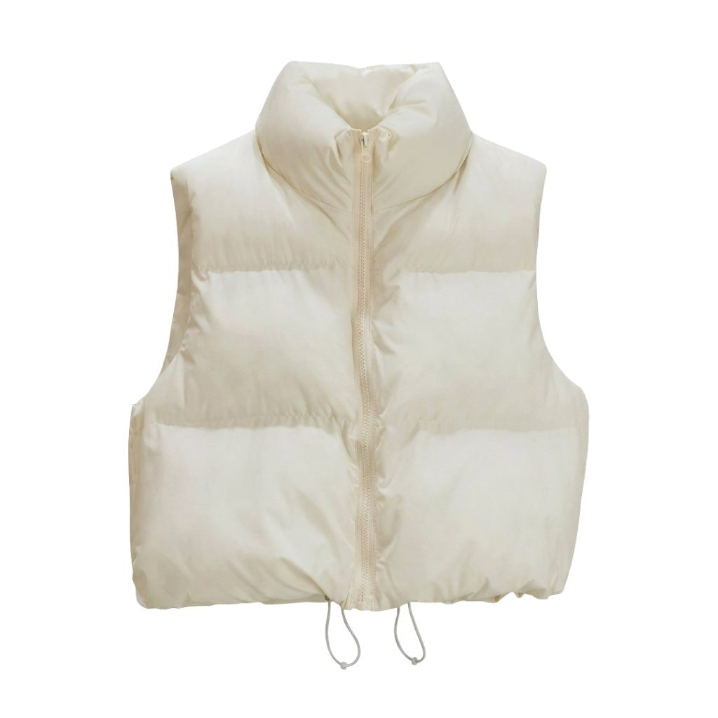 Cropped Quilted Puffer Vest with Stand Collar and Zip - Beige