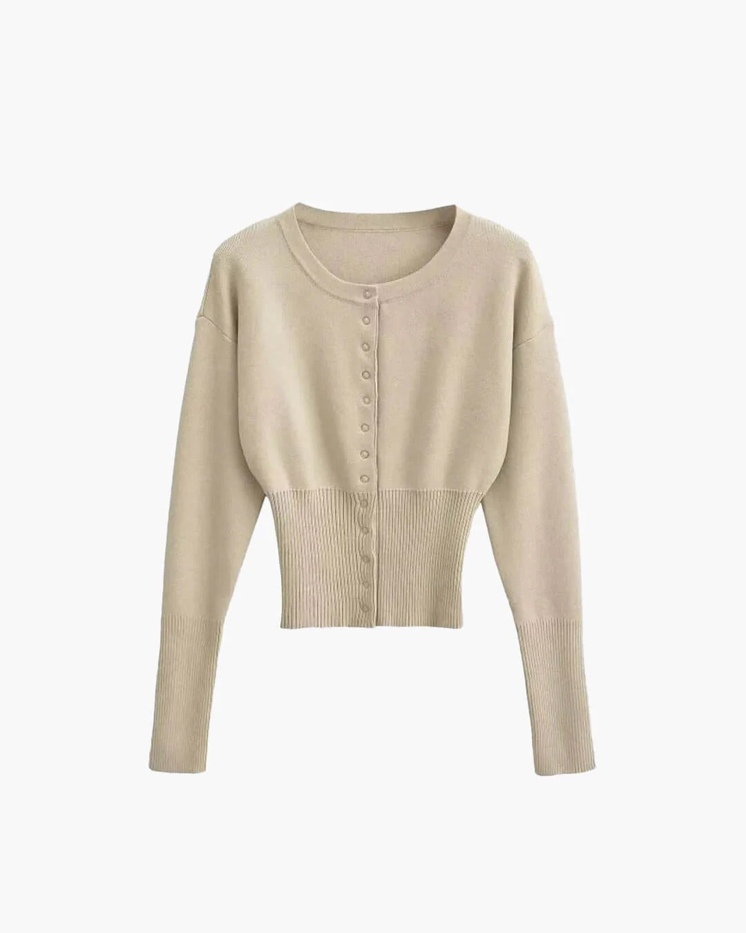 Cropped Ribbed Cardigan with Button Front and Fitted Body - Beige
