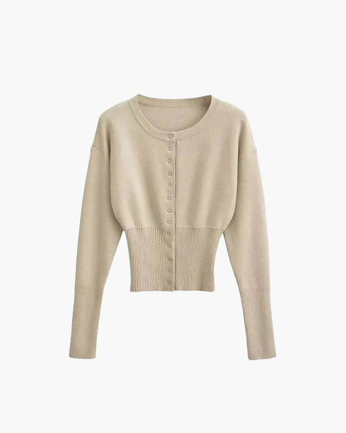 Cropped Ribbed Cardigan with Button Front and Fitted Body - Beige