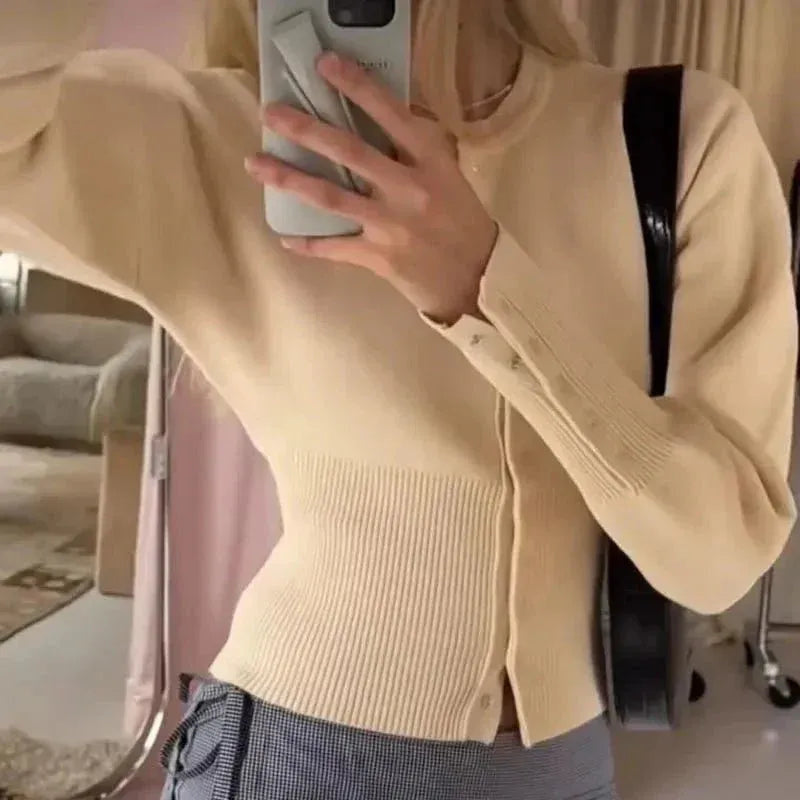 Cropped Ribbed Cardigan with Button Front and Fitted Body