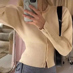 Cropped Ribbed Cardigan with Button Front and Fitted Body