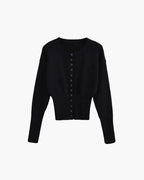 Cropped Ribbed Cardigan with Button Front and Fitted Body - Black