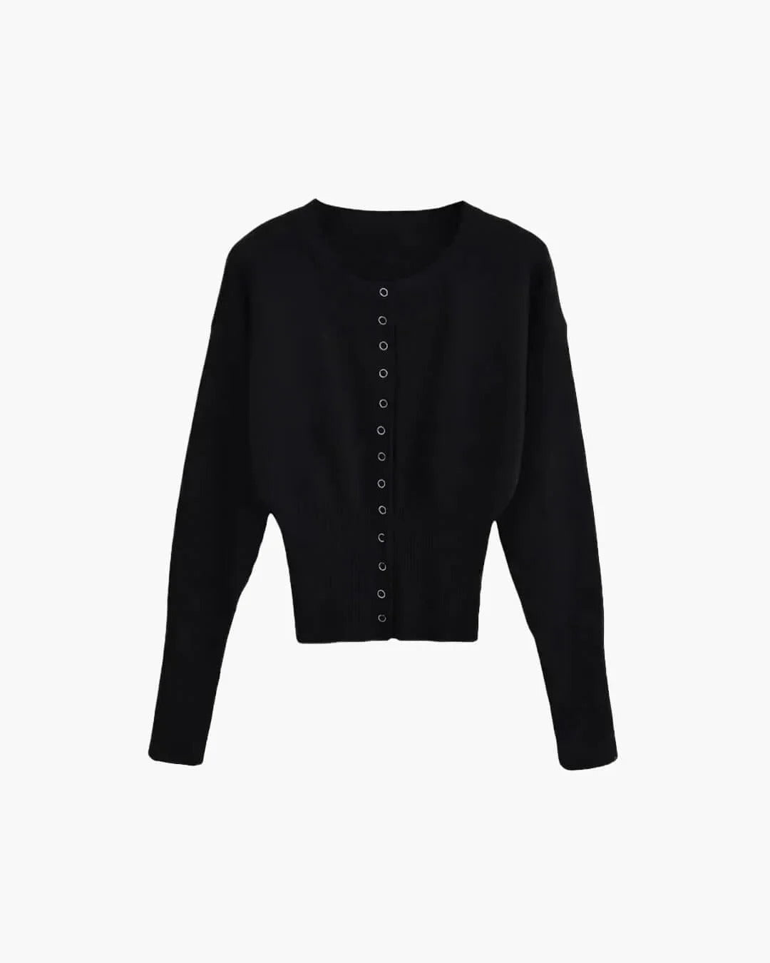 Cropped Ribbed Cardigan with Button Front and Fitted Body - Black