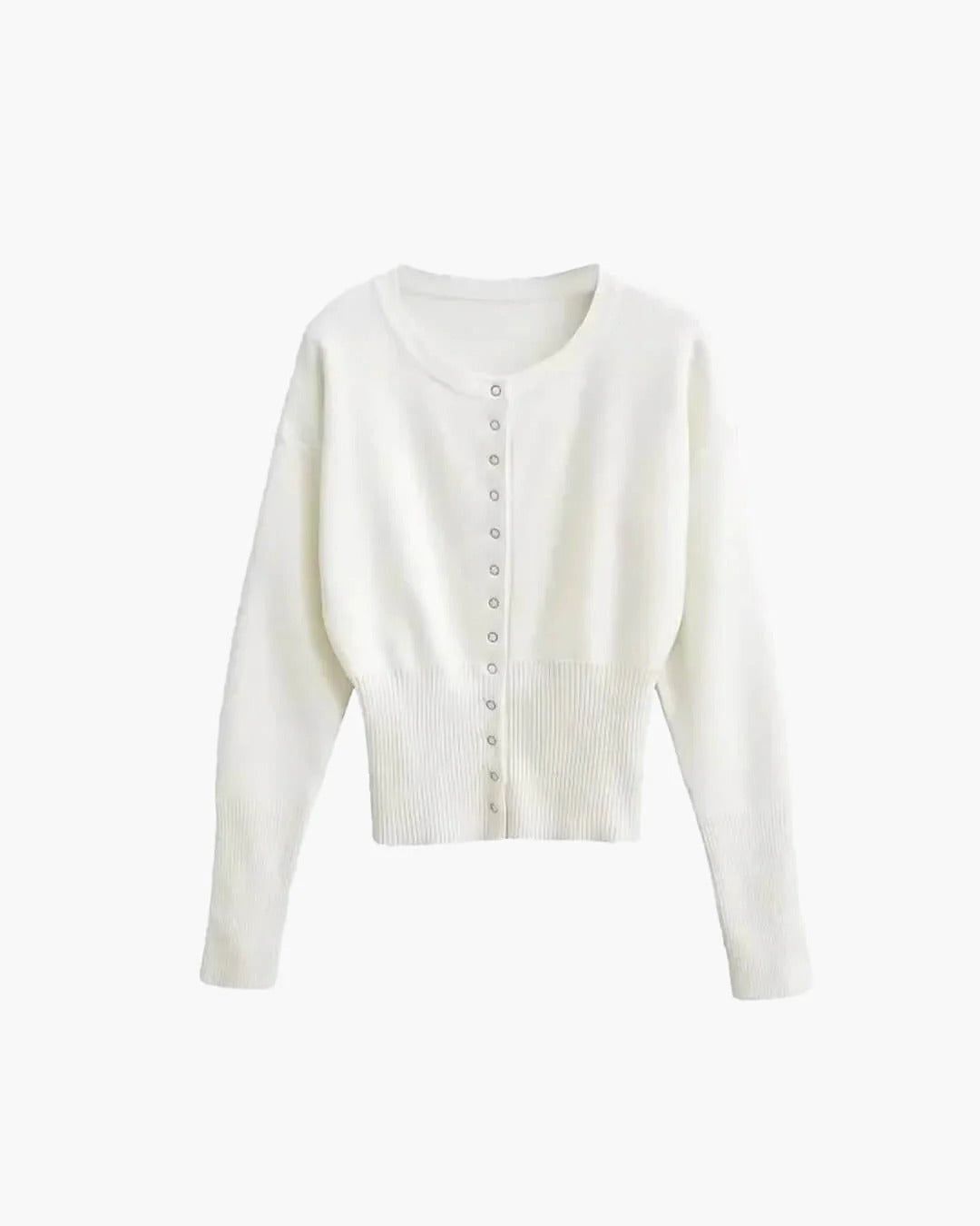 Cropped Ribbed Cardigan with Button Front and Fitted Body - White