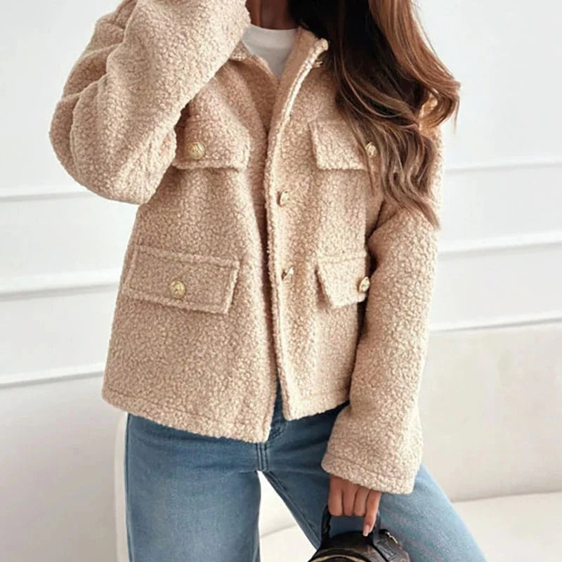 Cropped Teddy Jacket with Button Front and Flap Pockets - Beige