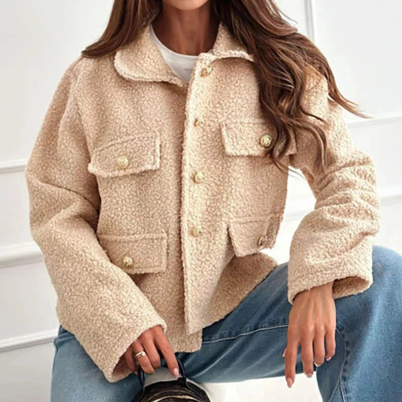 Cropped Teddy Jacket with Button Front and Flap Pockets