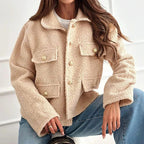 Cropped Teddy Jacket with Button Front and Flap Pockets