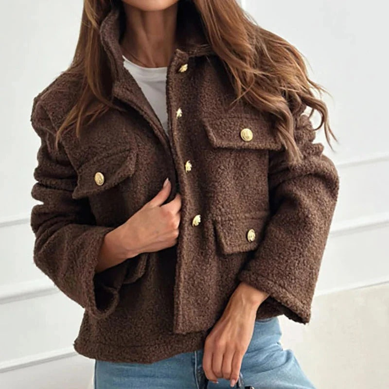 Cropped Teddy Jacket with Button Front and Flap Pockets - Brown