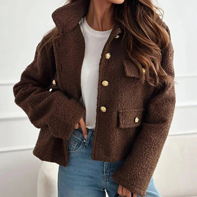 Cropped Teddy Jacket with Button Front and Flap Pockets