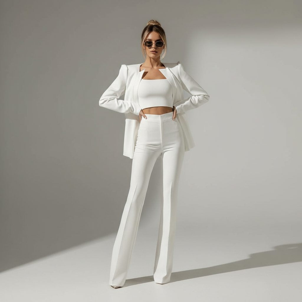 Cropped Zip Blazer and High Waist Wide Leg Pants Set