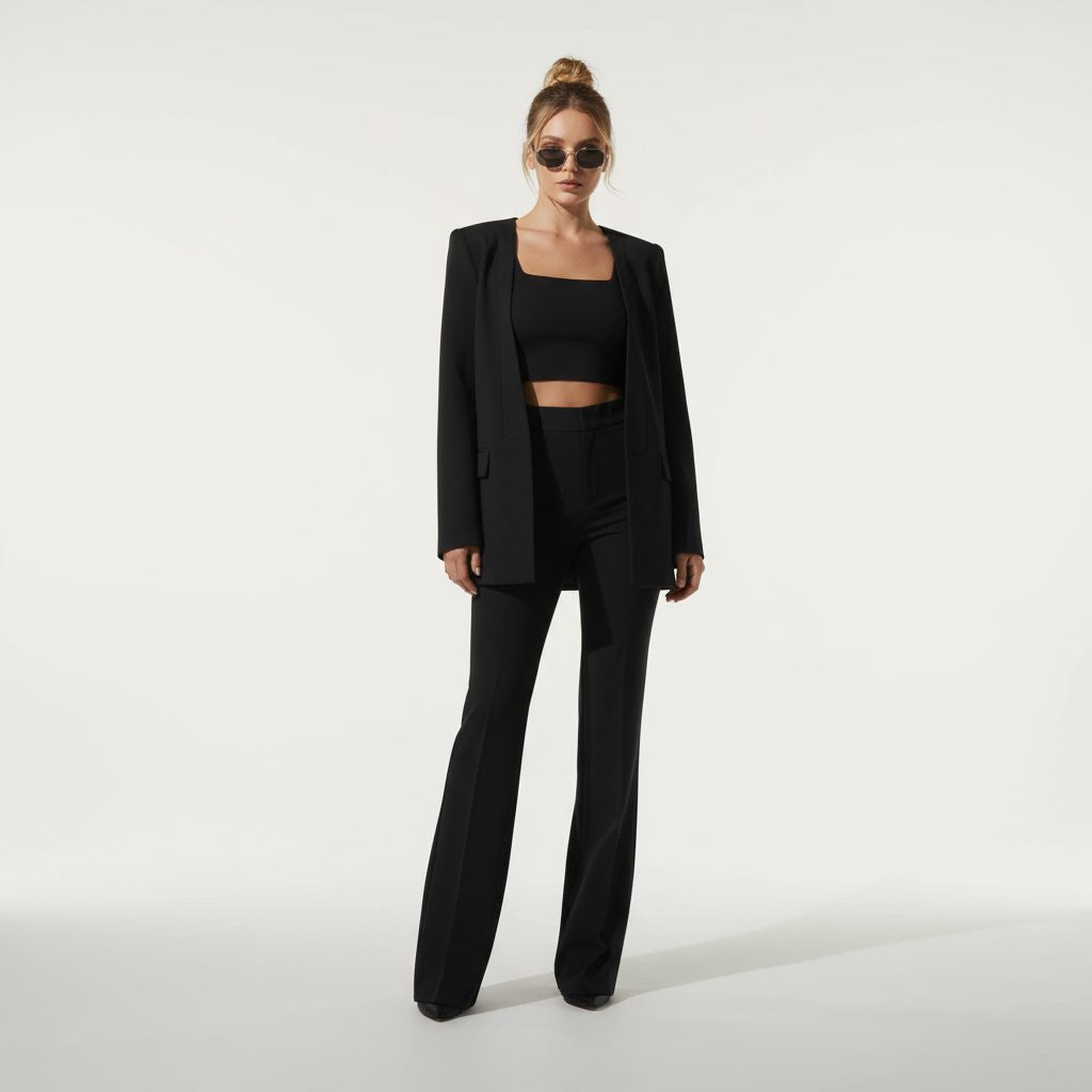 Cropped Zip Blazer and High Waist Wide Leg Pants Set - Black