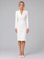 Double-Breasted Blazer Dress with Fitted Waist and Midi Hem - White