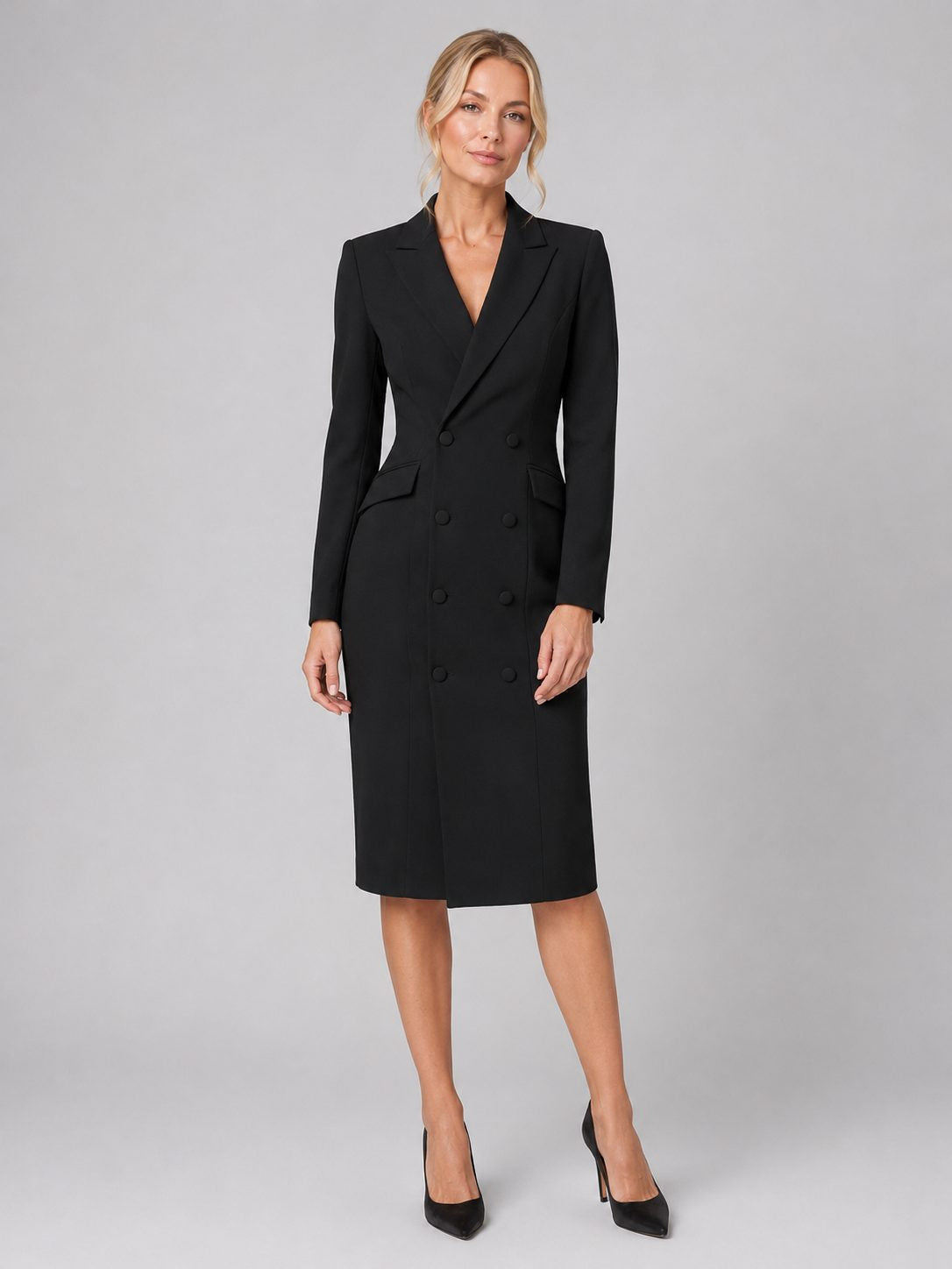 Double-Breasted Blazer Dress with Fitted Waist and Midi Hem - Black
