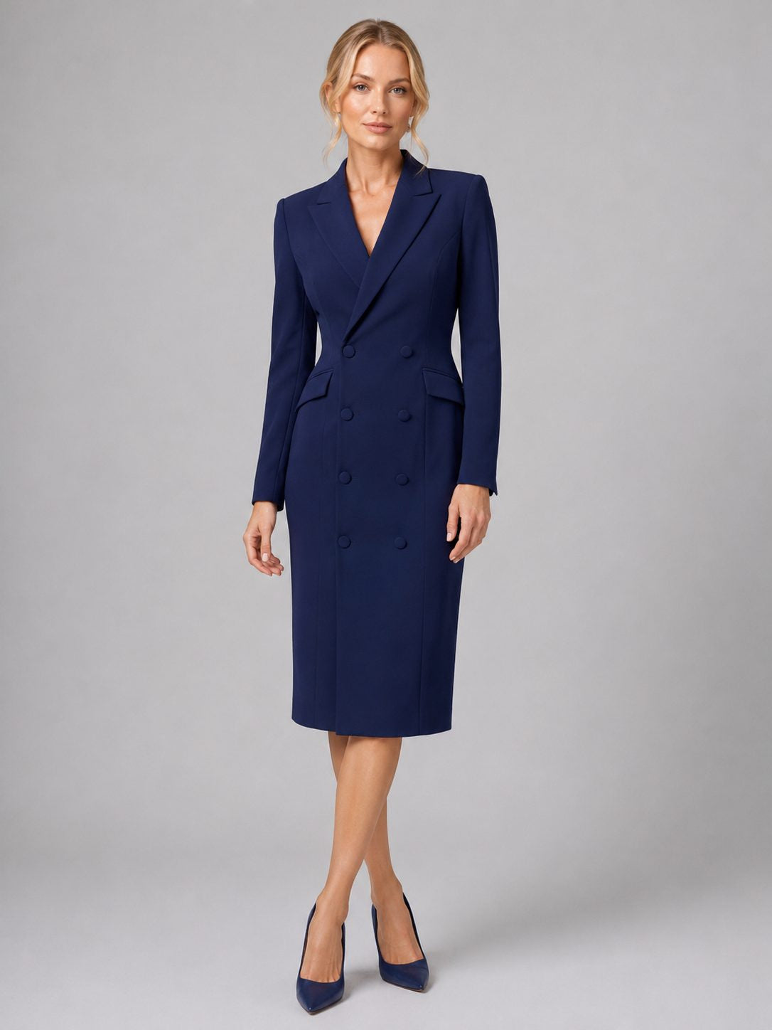 Double-Breasted Blazer Dress with Fitted Waist and Midi Hem - Navy