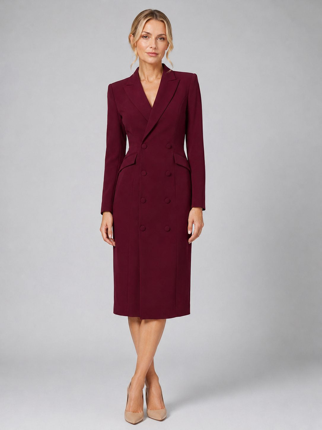 Double-Breasted Blazer Dress with Fitted Waist and Midi Hem - Burgundy