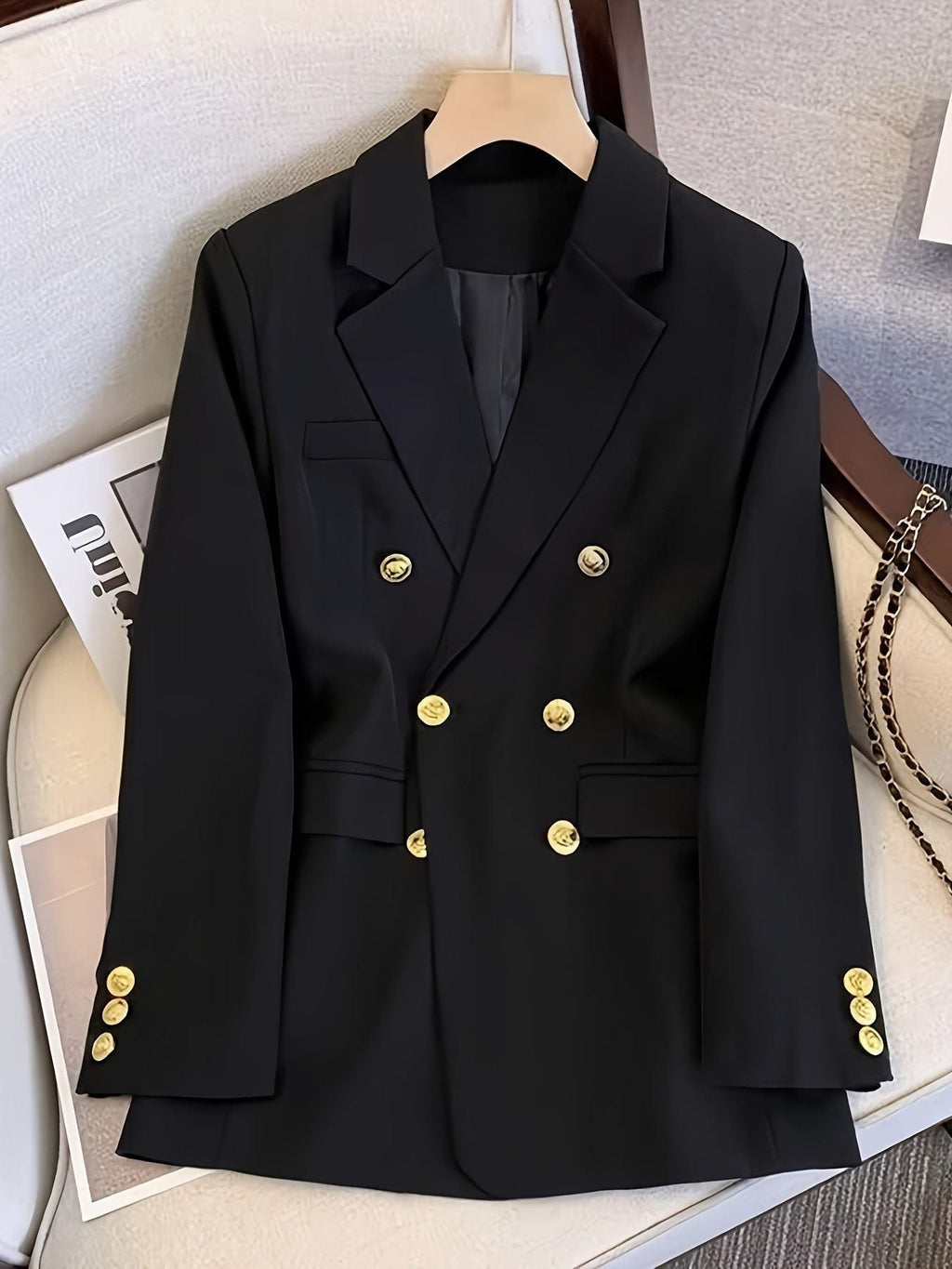 Double-Breasted Blazer with Notched Lapels and Cuff Buttons - Black