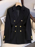 Double-Breasted Blazer with Notched Lapels and Cuff Buttons - Black