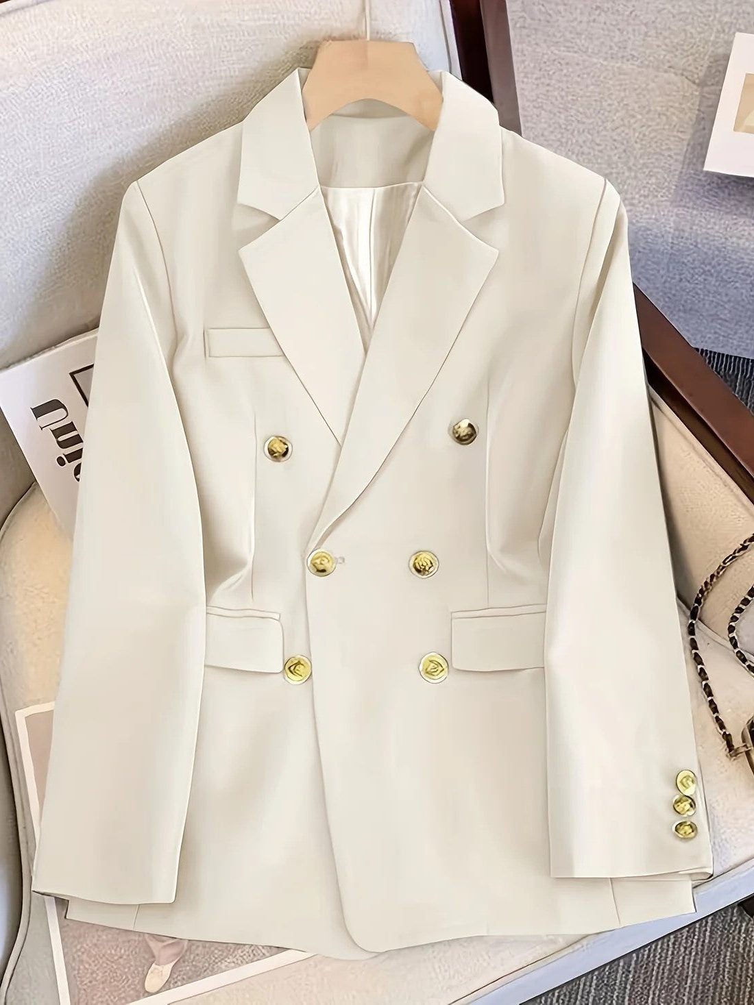 Double-Breasted Blazer with Notched Lapels and Cuff Buttons - Cream