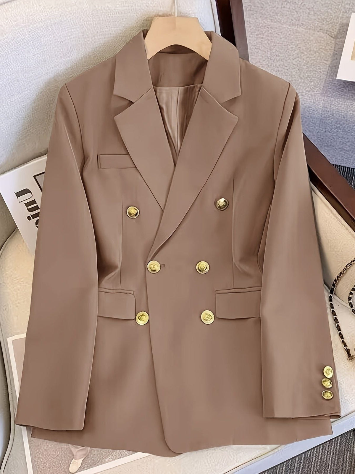 Double-Breasted Blazer with Notched Lapels and Cuff Buttons - Camel
